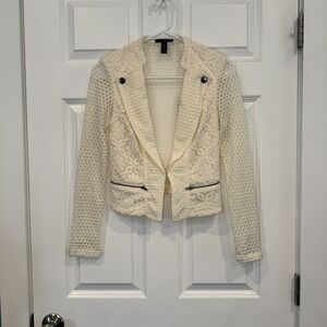 Material Girl Cream Lace Moto Jacket Honeycomb‎ Mesh Mixed Media Size XS